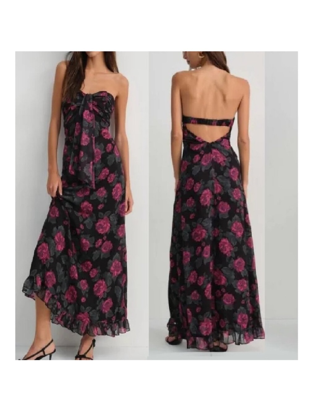 NEW FOR LOVE & LEMONS TEAGAN STRAPLESS FLORAL PRINT BLACK MAXI